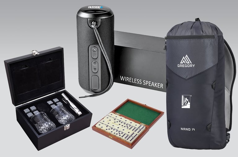 Holiday gift items, including a wireless speaker, wooden box of dominoes, a backpack, and a set of rocks glasses with tongs