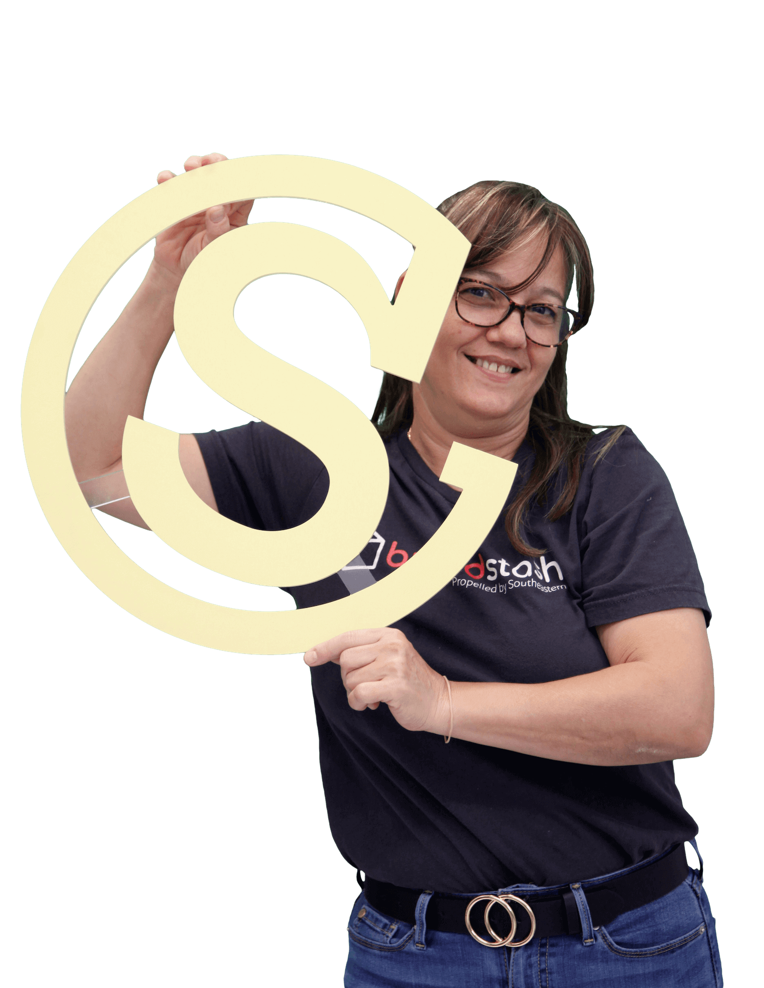 Southeastern employee wearing glasses and holding a die cut company logo-1