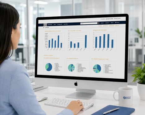 fulfillment-reporting_woman-on-computer-bar-graphs-pie-charts-analytics