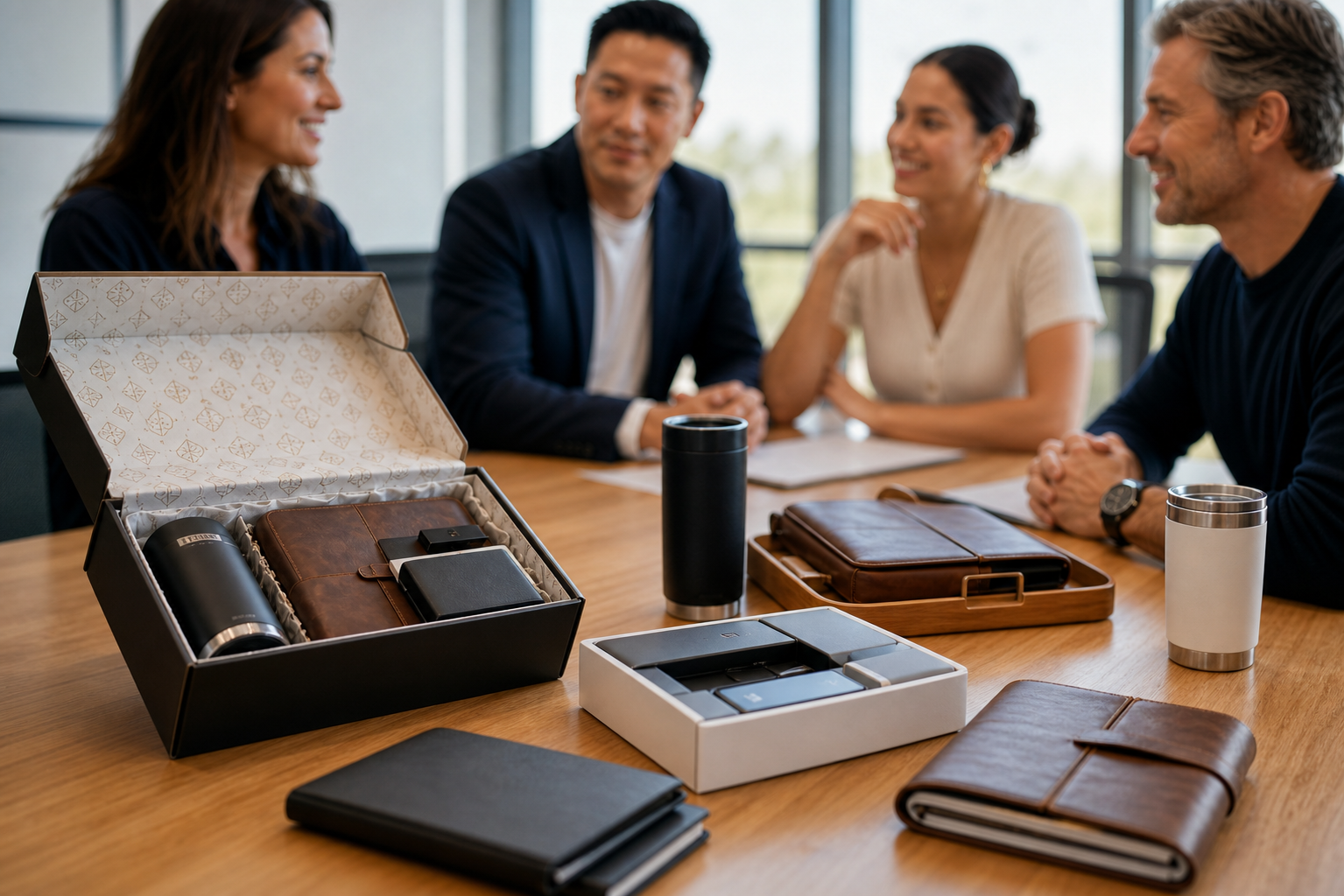 A purchasing team gathers to review the options for their annual corporate holiday gift.