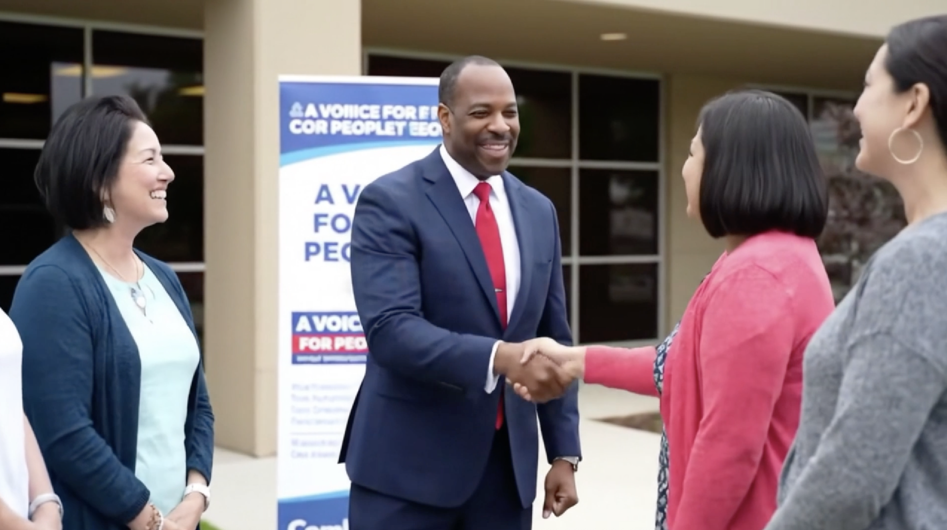 A political candidate shakes a voter's hand at a meet and greet.